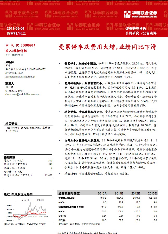 云天化-600096-受累停車及費用大增,業績同比下滑