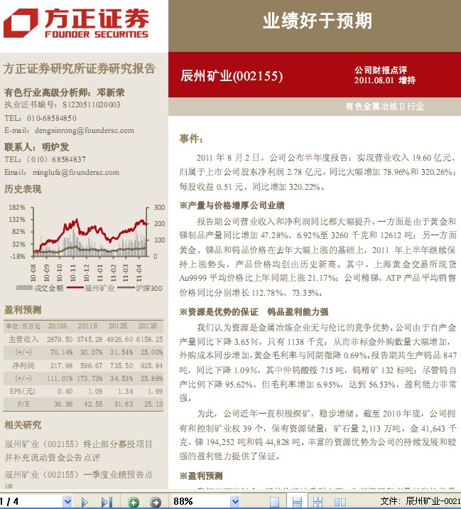 辰州礦業-002155-業績好于預期